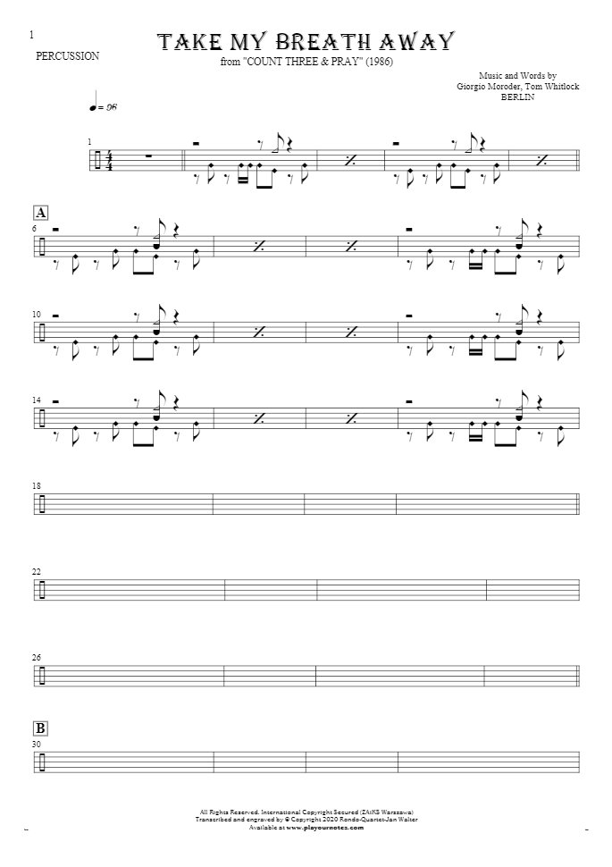 Take My Breath Away - Notes for percussion instruments
