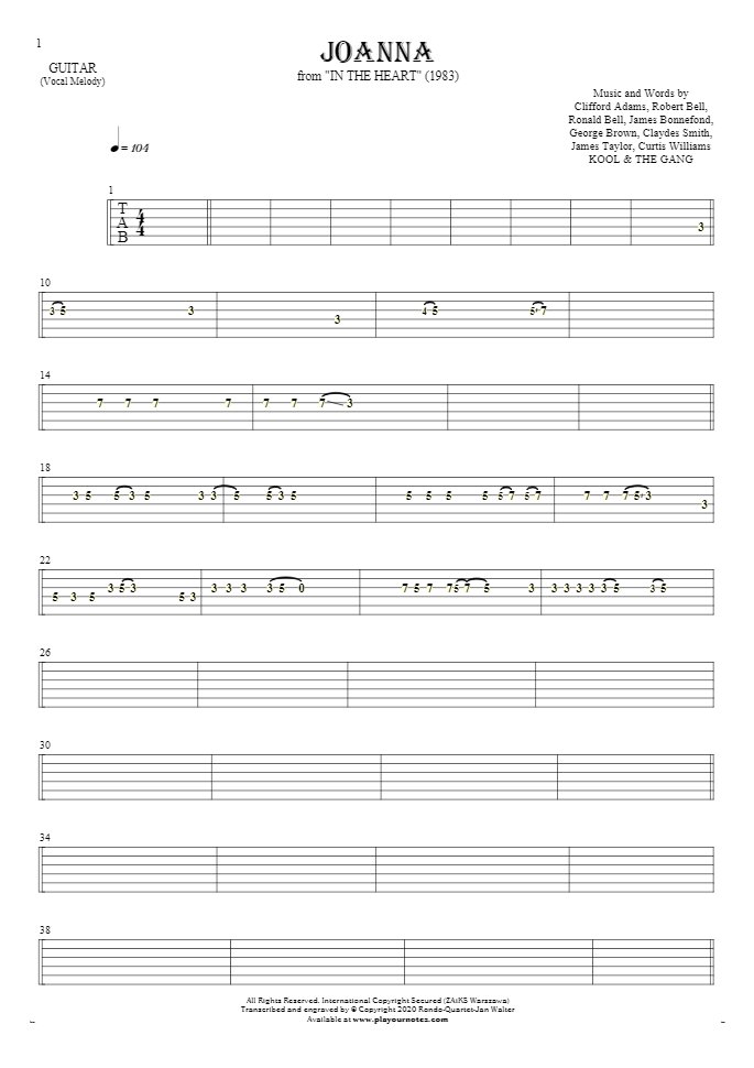 Joanna - Tablature for guitar - melody line