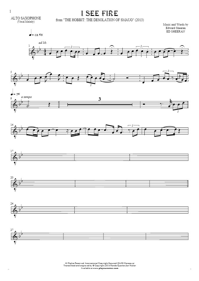 I See Fire - Notes for alto saxophone - melody line