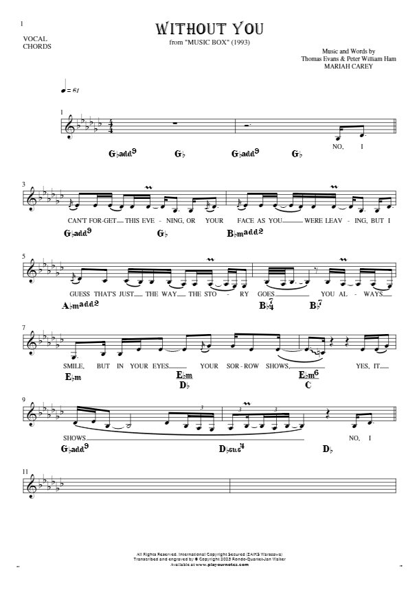 Without You - Notes, lyrics and chords for vocal with accompaniment