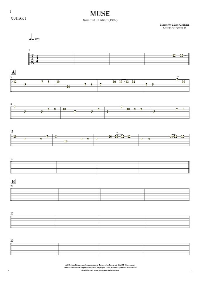 Muse - Tabulatura na gitarę - partia gitary 1