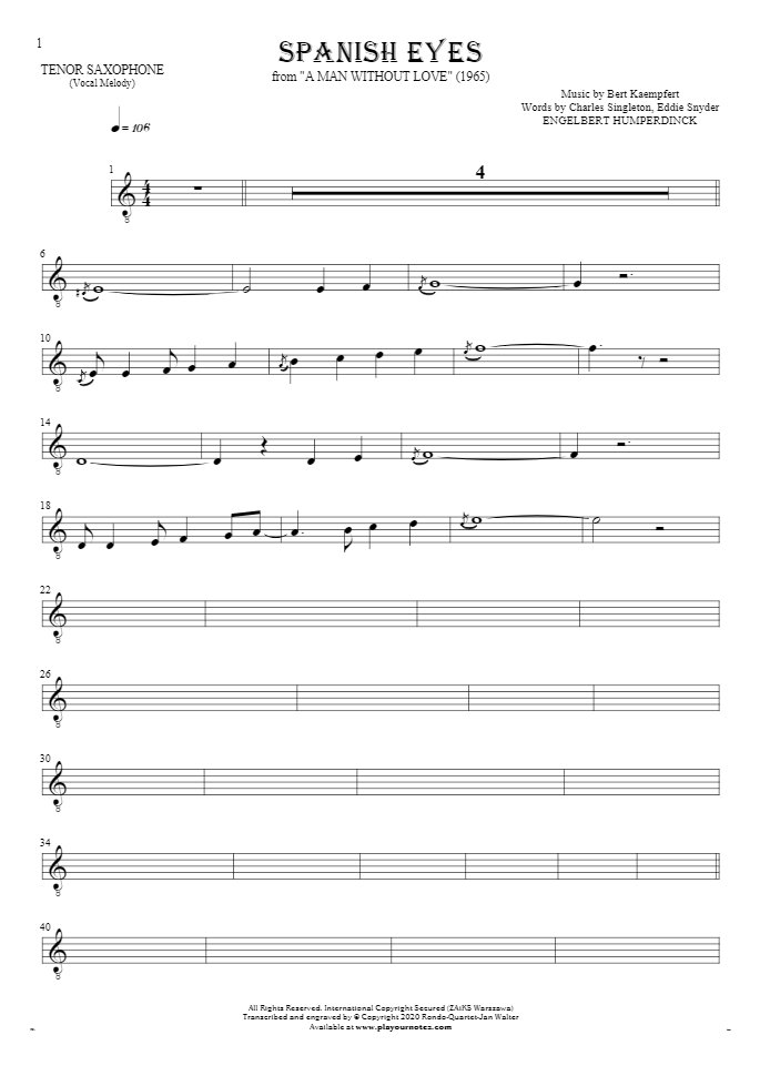 Spanish Eyes - Notes for tenor saxophone - melody line