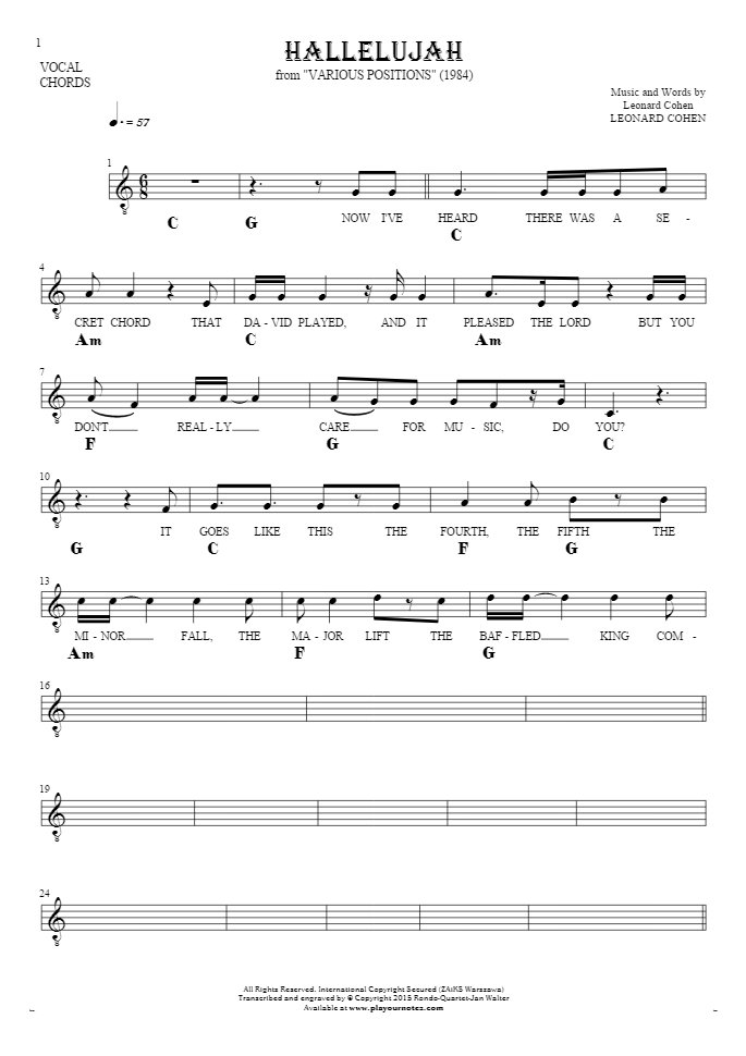 Hallelujah - Notes, lyrics and chords for solo voice with accompaniment