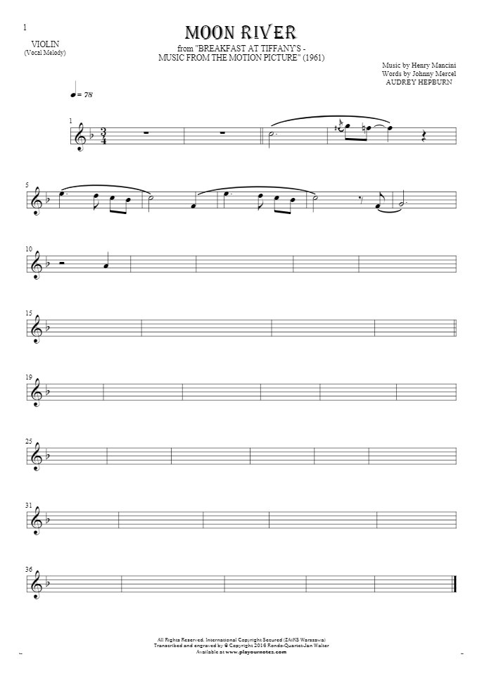 Moon River - Notes for violin - melody line