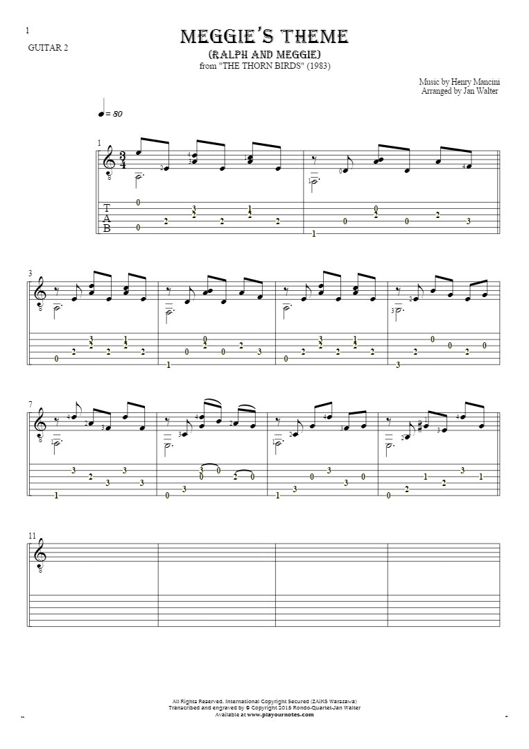 Meggie's Theme (Ralph and Meggie) - Notes and tablature for guitar - guitar 2 part