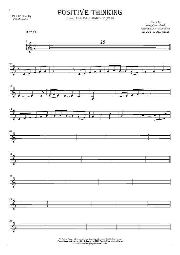 Positive Thinking - Notes for trumpet - melody line