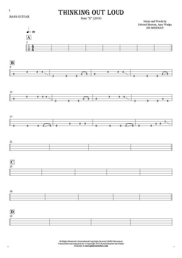 Thinking Out Loud - Tablature for bass guitar