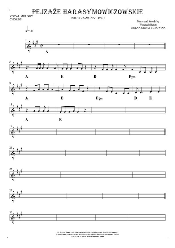 Pejzaże harasymowiczowskie - Notes and chords for solo voice with accompaniment