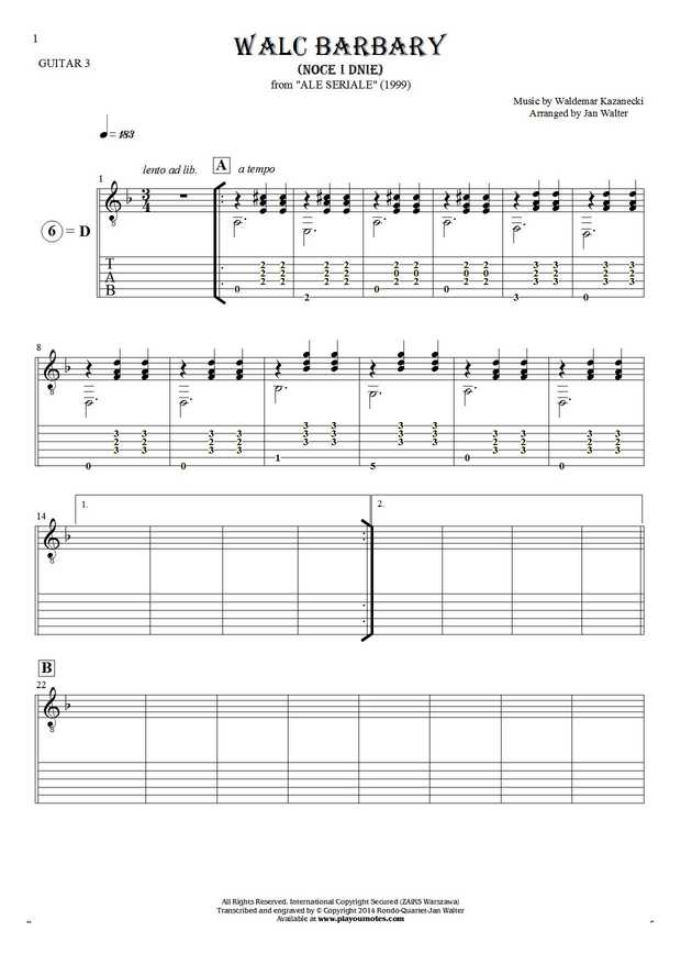 Walc Barbary (Noce i Dnie) - Notes and tablature for guitar - guitar 3 part