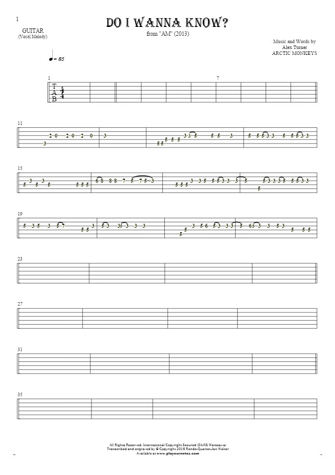 Behandling Såvel laser Do I Wanna Know? - Tablature for guitar - melody line | PlayYourNotes