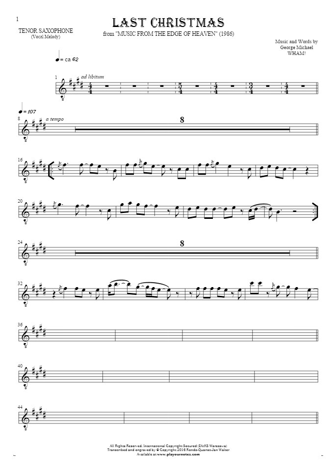 Last Christmas - Noten für Tenor Saxophon - Melodielinie