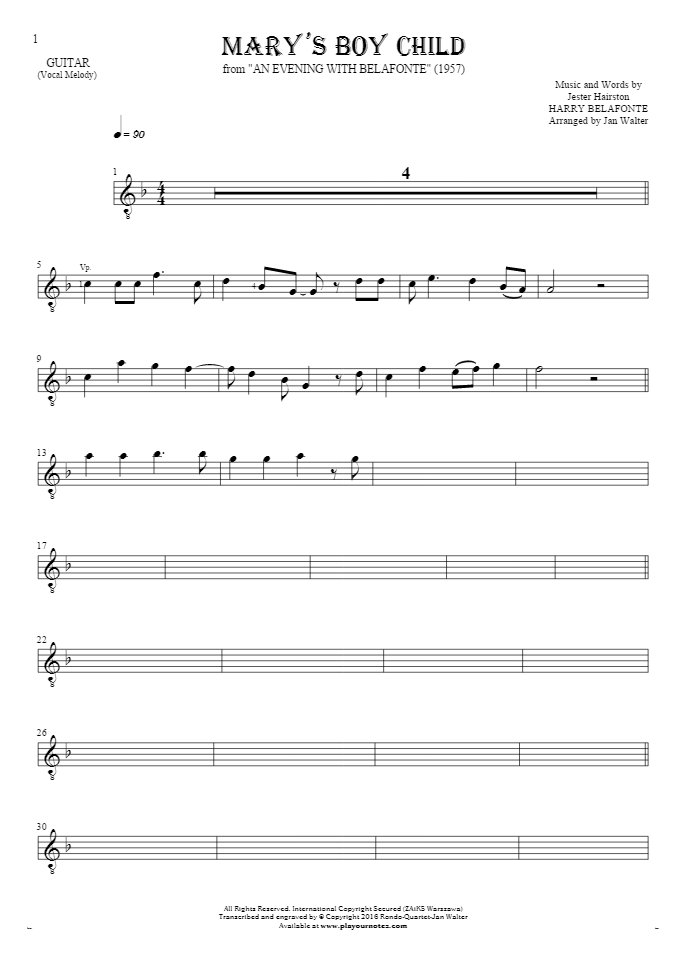 Mary's Boy Child - Notes for guitar - melody line