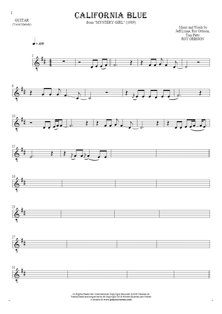 California Blue - Notes for guitar - melody line