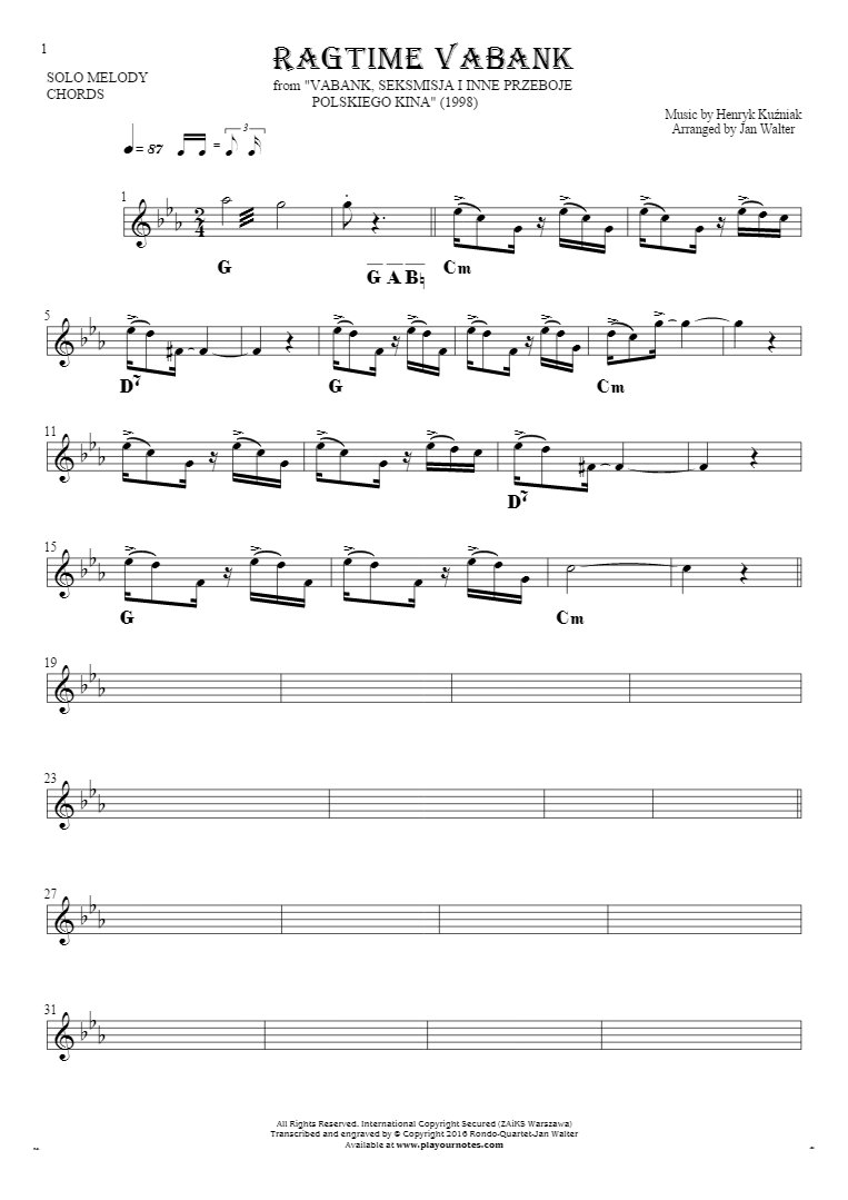 Ragtime Vabank - Notes and chords for solo voice with accompaniment