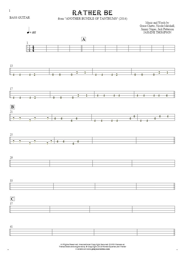 Rather Be - Tablature for bass guitar