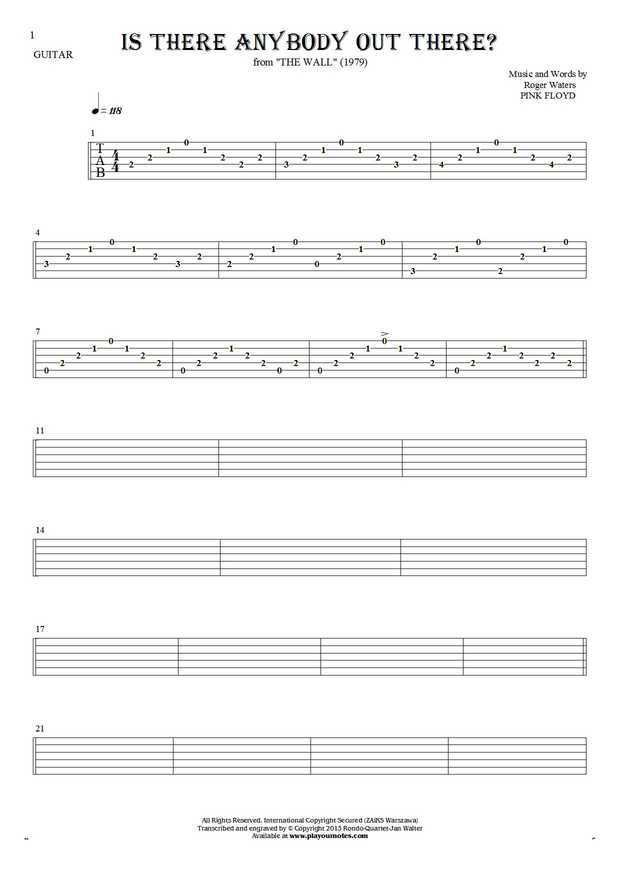 Is There Anybody Out There? - Tablature for guitar solo (fingerstyle)