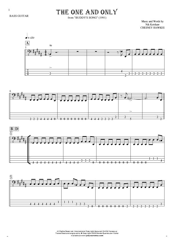 The One And Only - Notes and tablature for bass guitar