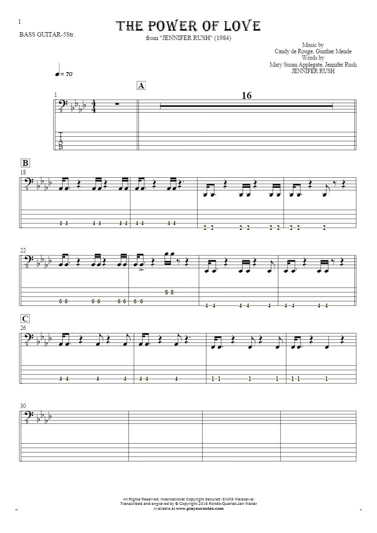 The Power Of Love - Notes and tablature for bass guitar (5-str.)