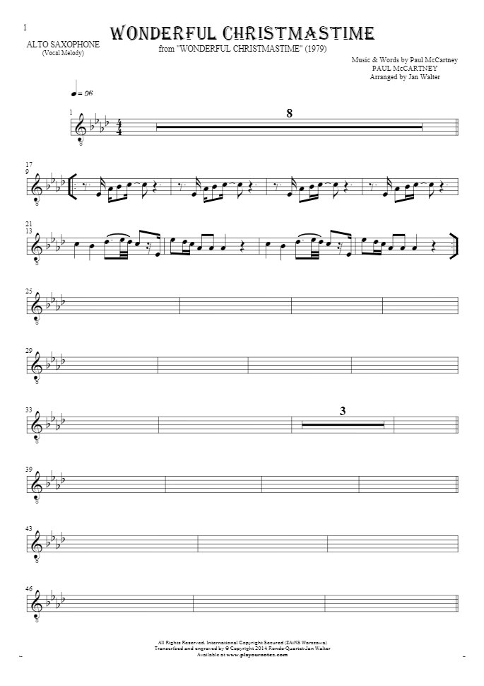 Wonderful Christmastime - Notes for alto saxophone - melody line