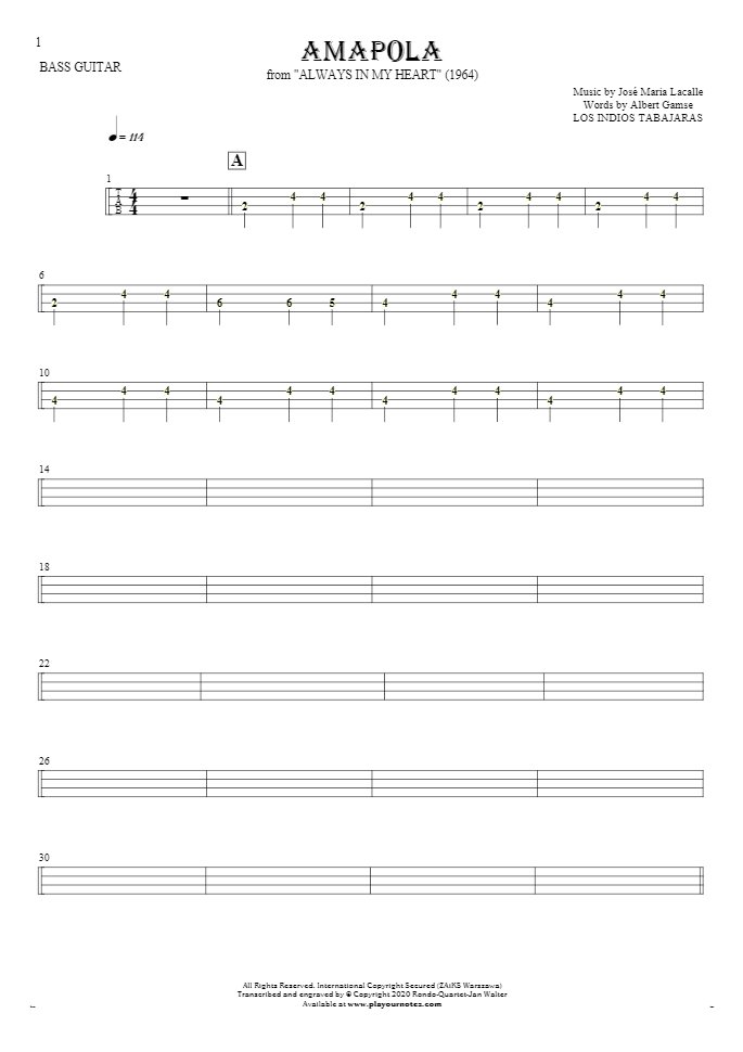 Amapola - Tabulatura (wartości rytm.) na gitarę basową
