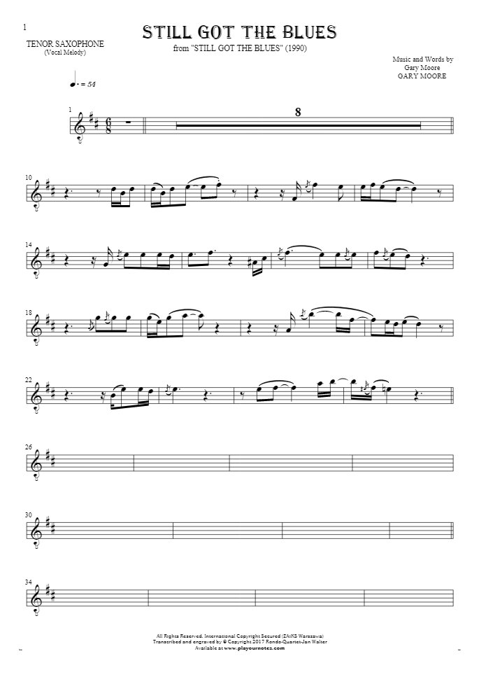 Still Got The Blues - Notes for tenor saxophone - melody line