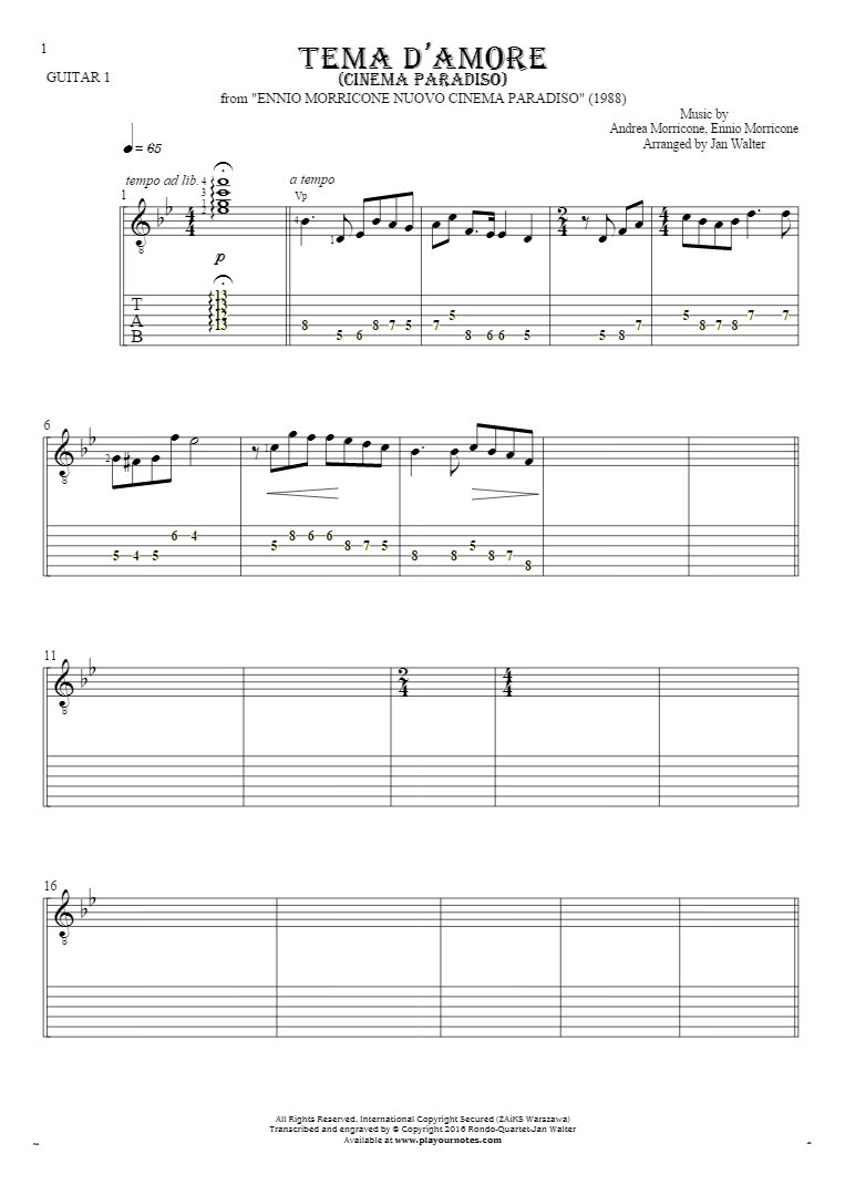 Love Theme (Cinema Paradiso) - Notes and tablature for guitar - guitar 1 part