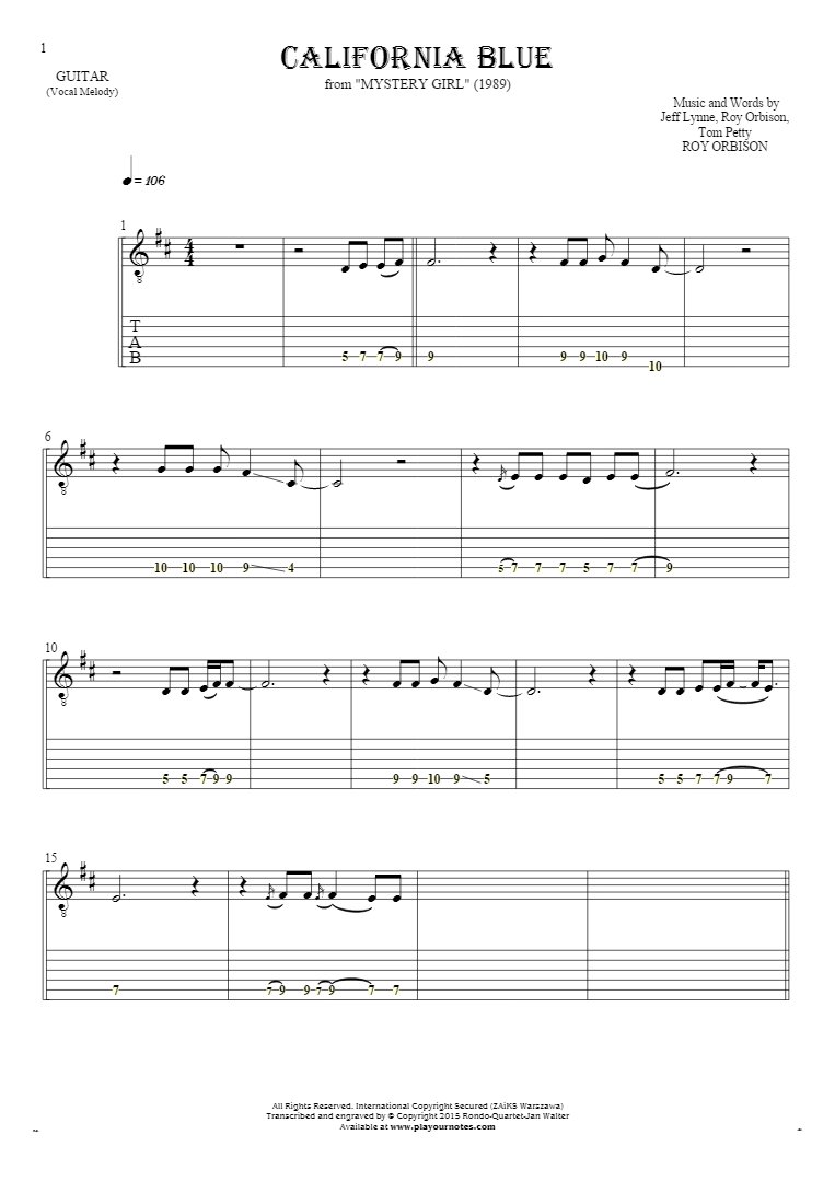 California Blue - Notes and tablature for guitar - melody line