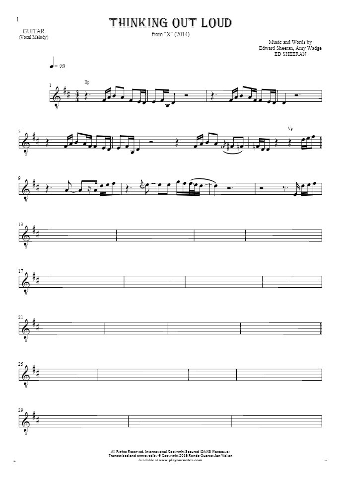 Thinking Out Loud - Notes for guitar - melody line