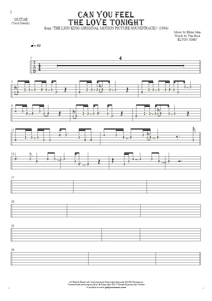 Can You Feel the Love Tonight - Tablature (rhythm. values) for guitar - melody line