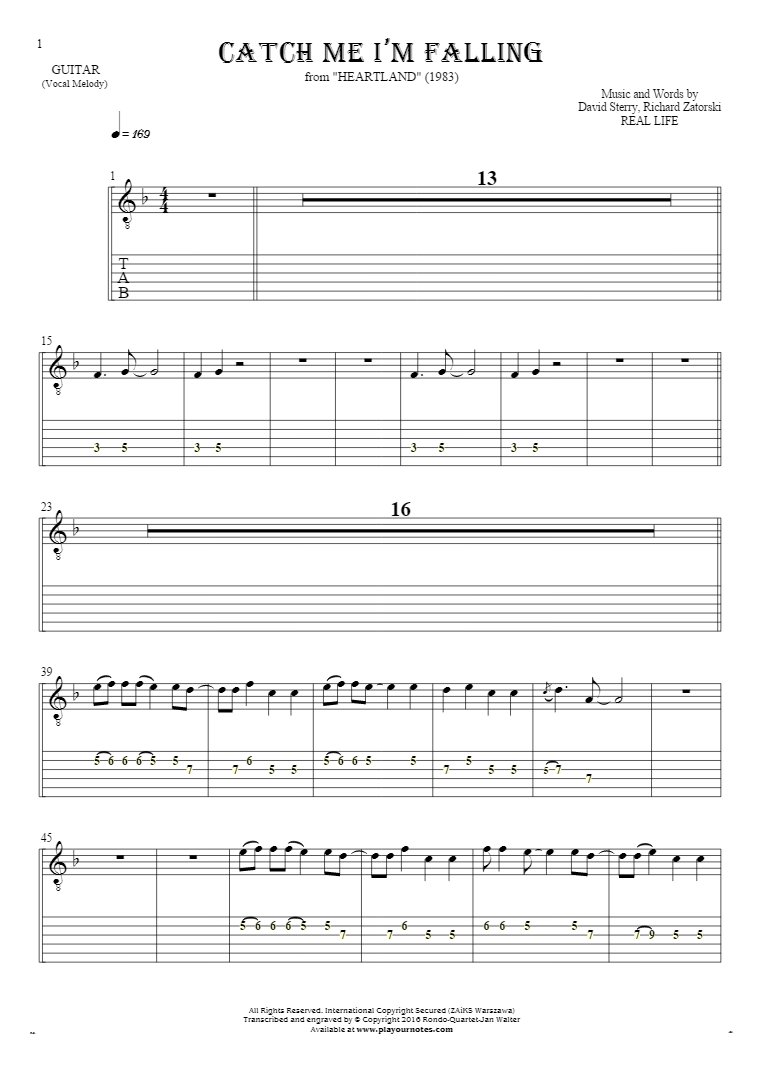 Catch Me I’m Falling - Notes and tablature for guitar - melody line