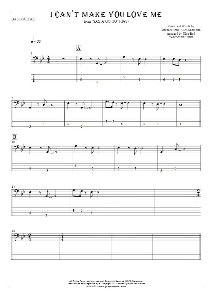 I Can't Make You Love Me - Notes and tablature for bass guitar