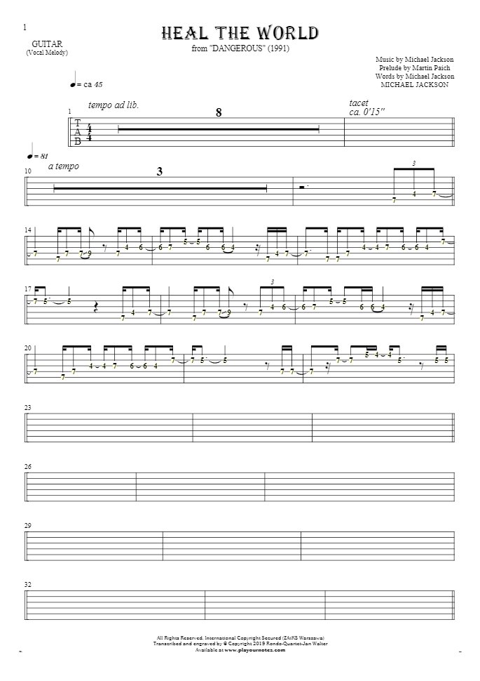 Heal The World - Tablature (rhythm. values) for guitar - melody line