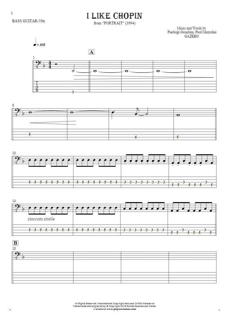 I Like Chopin - Notes and tablature for bass guitar (5-str.)