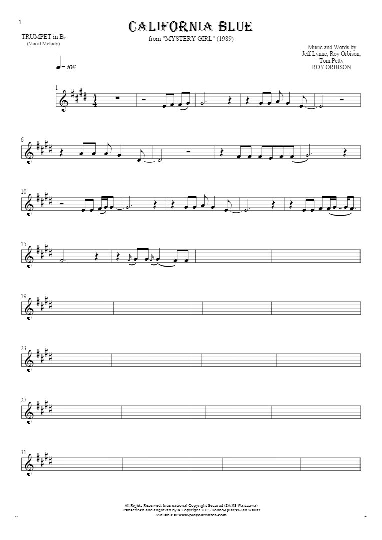 California Blue - Notes for trumpet - melody line
