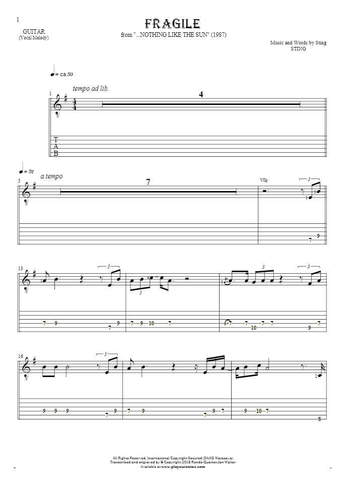 Fragile - Notes and tablature for guitar - melody line