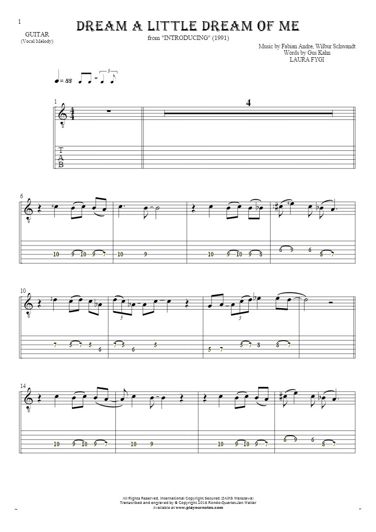 Dream a Little Dream of Me - Notes and tablature for guitar - melody line