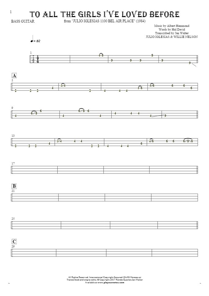 To All The Girls I’ve Loved Before - Tablature for bass guitar