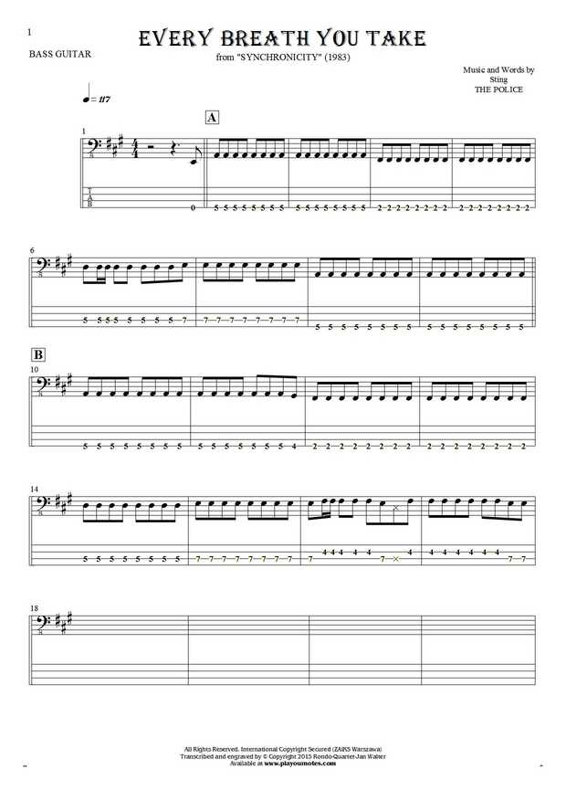 Every Breath You Take - Notes and tablature for bass guitar