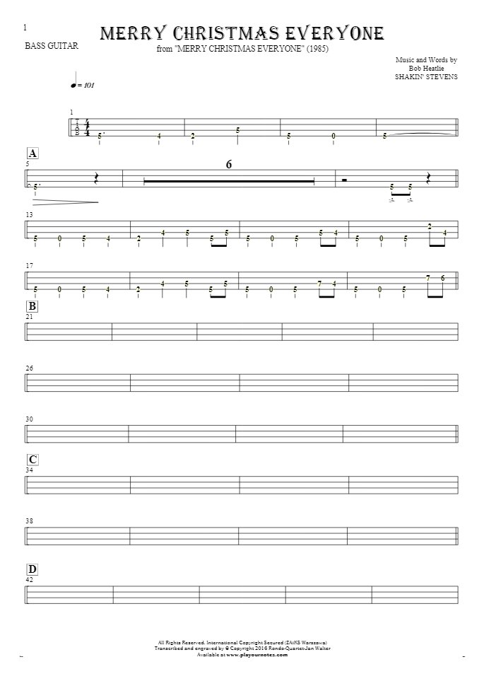 Merry Christmas Everyone - Tablature (rhythm values) for bass guitar