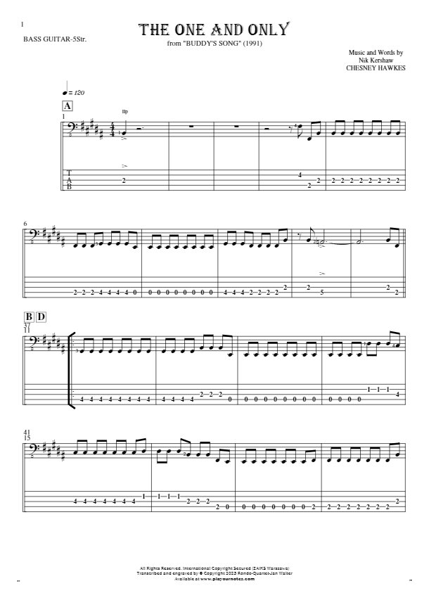The One And Only - Notes and tablature for bass guitar (5-str.)