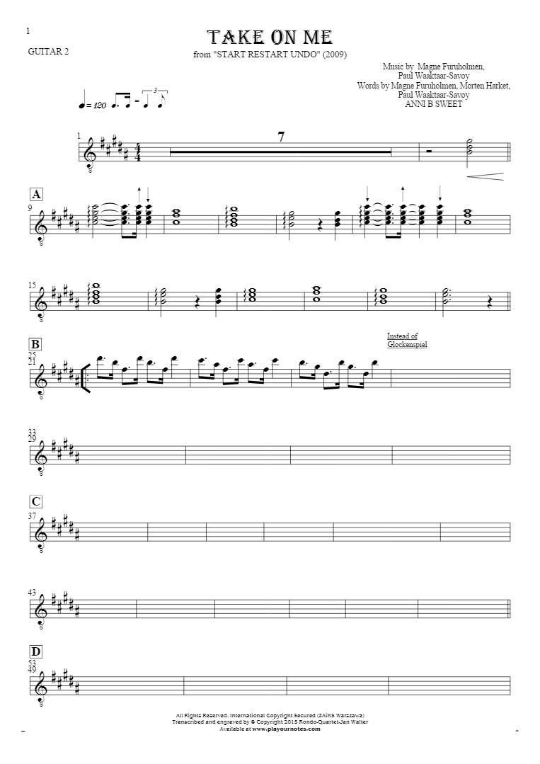 Take On Me - Notes for guitar - guitar 2 part