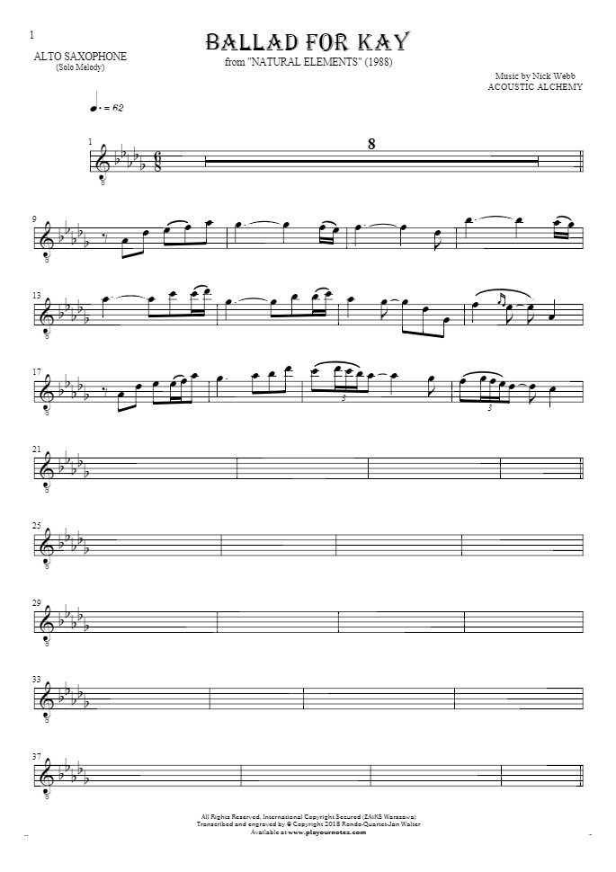 Ballad For Kay - Notes for alto saxophone - melody line