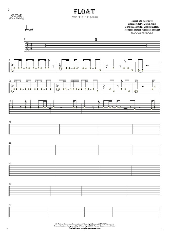 Float - Tablature (rhythm. values) for guitar - melody line