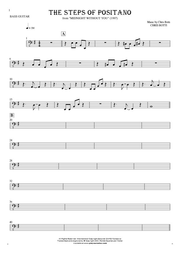 The Steps of Positano - Notes for bass guitar