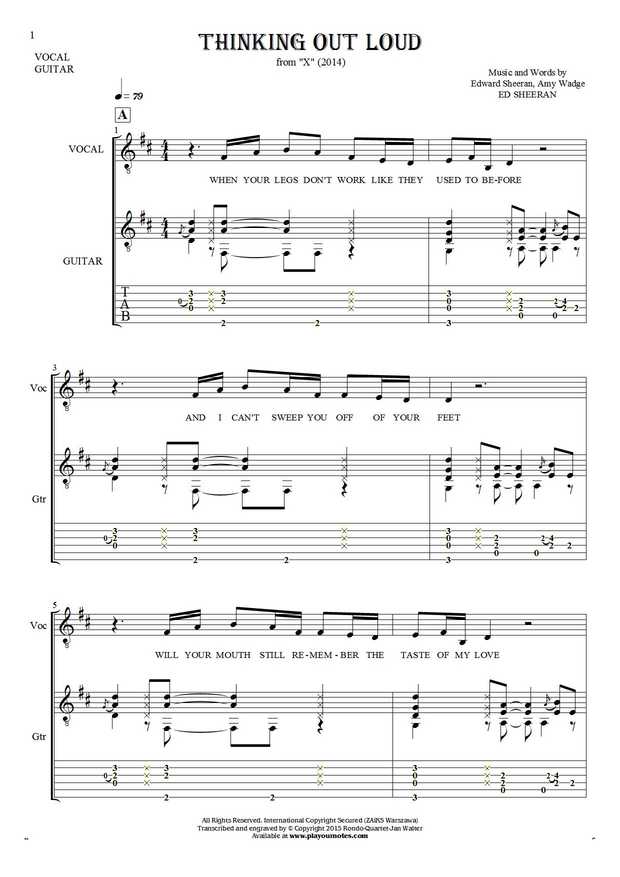 Thinking Out Loud - Notes, tablature and lyrics for vocal with guitar accompaniment