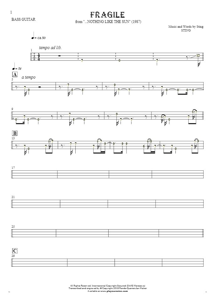 Fragile - Tabulatur (Rhythm. Werte) für Bassgitarre