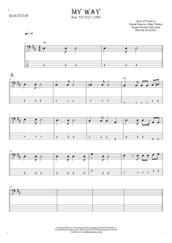 My Way - Notes and tablature for bass guitar
