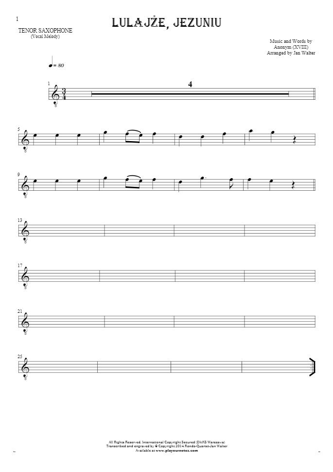 Lulajże, Jezuniu - Noten für Tenor Saxophon - Melodielinie