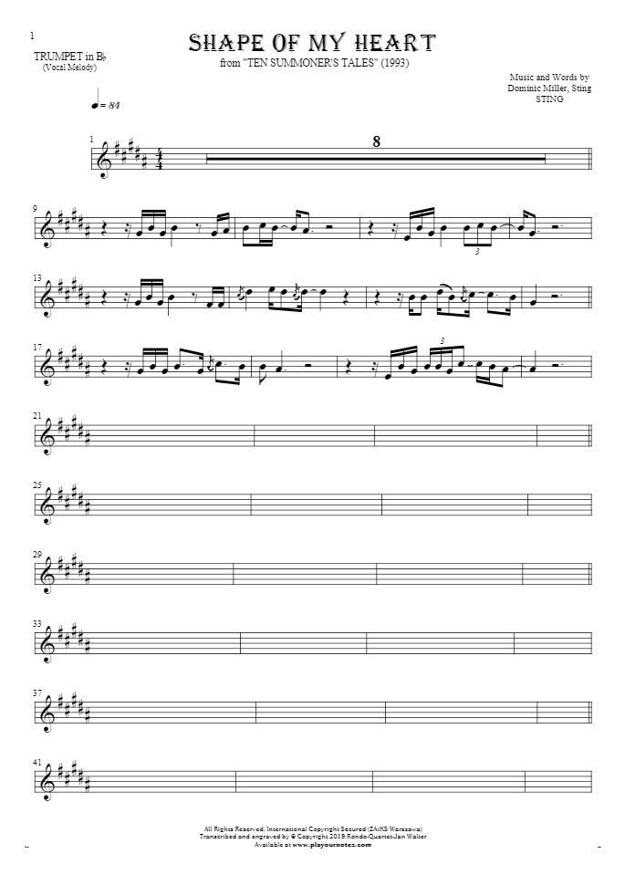 Shape Of My Heart Notes For Trumpet Melody Line Playyournotes