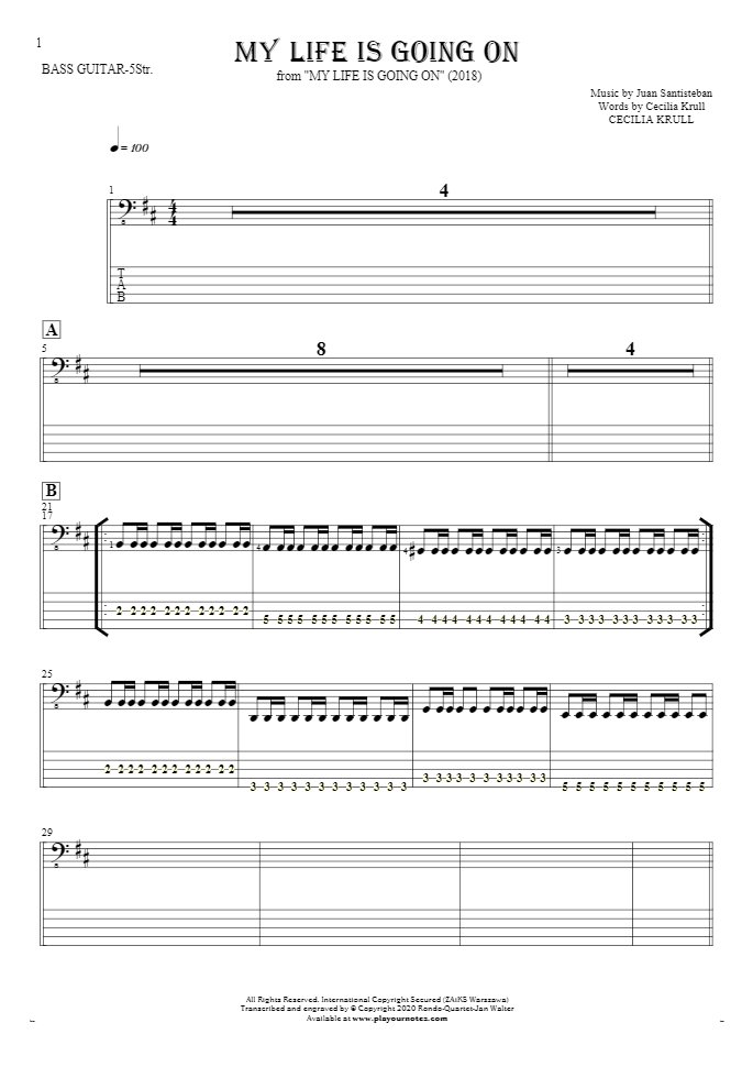 My Life Is Going On - Notes and tablature for bass guitar (5-str.)